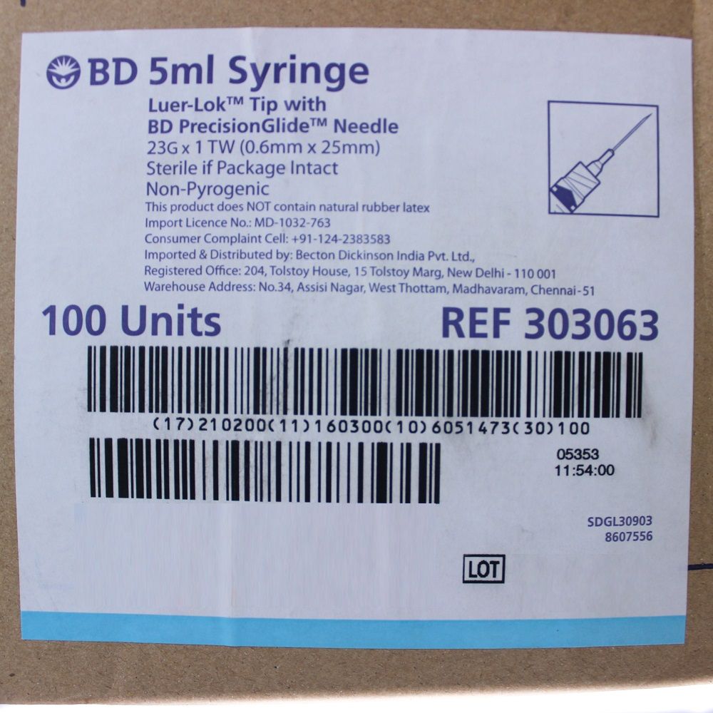 BD Luer-Lok 5mL Syringe with Needle 23G x 1.5Inch 303063 Pack of 100