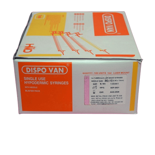 HMD Dispovan 1ml Syringe with Needle - 26G x 0.5inch Pack of 100