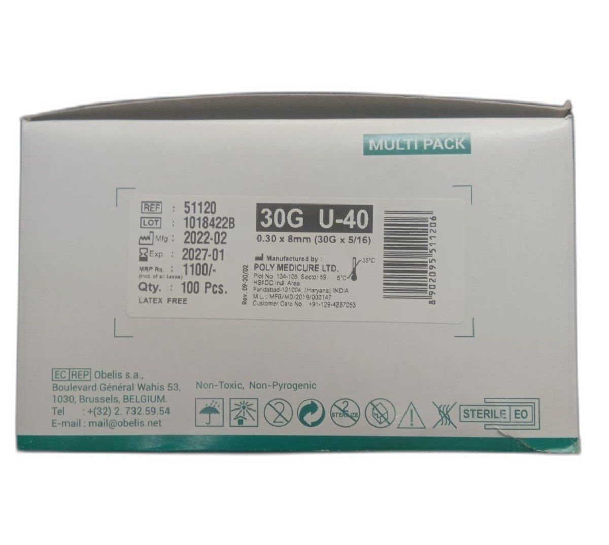 Polymed Insulin Syringe U40 Multi Pack 30G X 8mm Pack of 100 51112