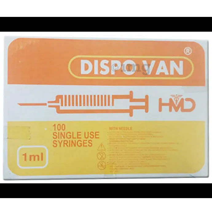 HMD Dispovan Syringe with Needle LL Size-1 ml Needle Size-26G X 0.5" Pack Size-100